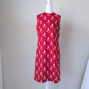 Vintage Red Sleeveless Dress with White Leaf Print